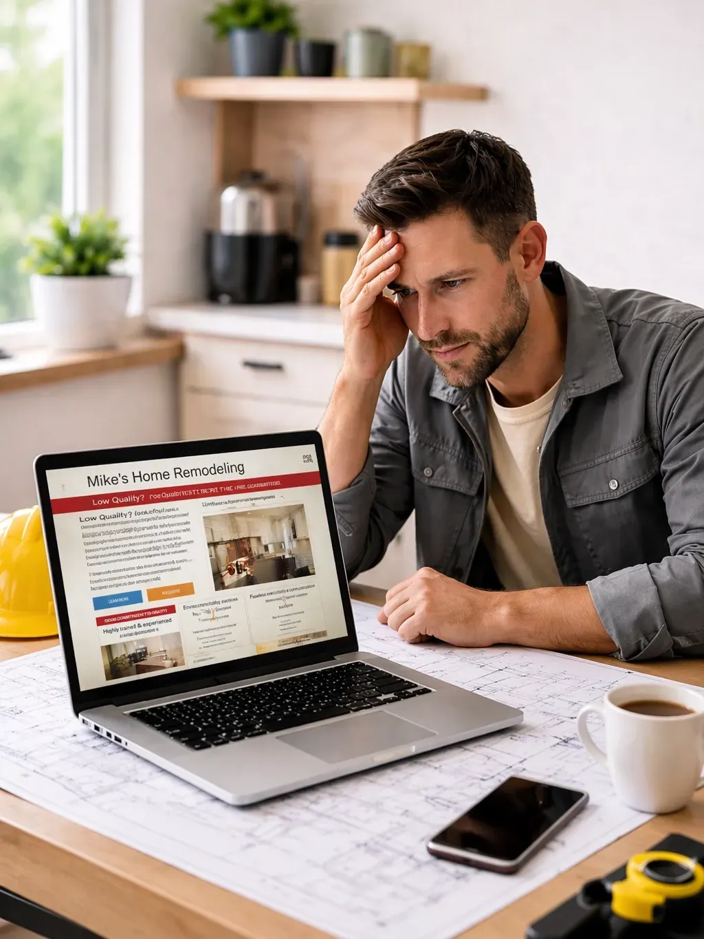 Man seated at a kitchen table looking frustrated at a laptop, with a phone and coffee cup nearby.