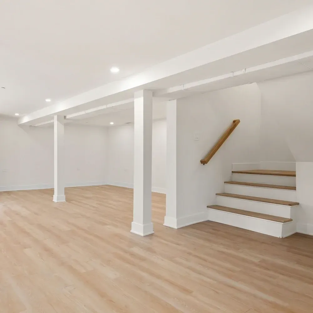 Bright empty basement with white walls, wood floors, and a washer and dryer in the back.