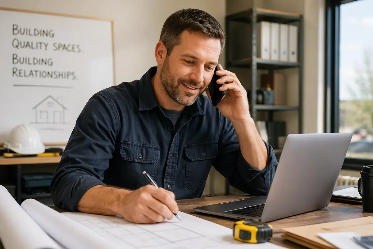 ontractor writing at a desk while talking on a phone beside an open laptop in a bright office