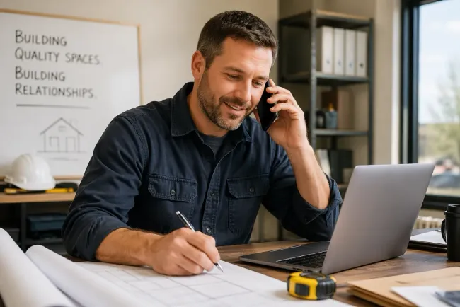 Contractor writing at a desk while talking on the phone beside an open laptop in a home office