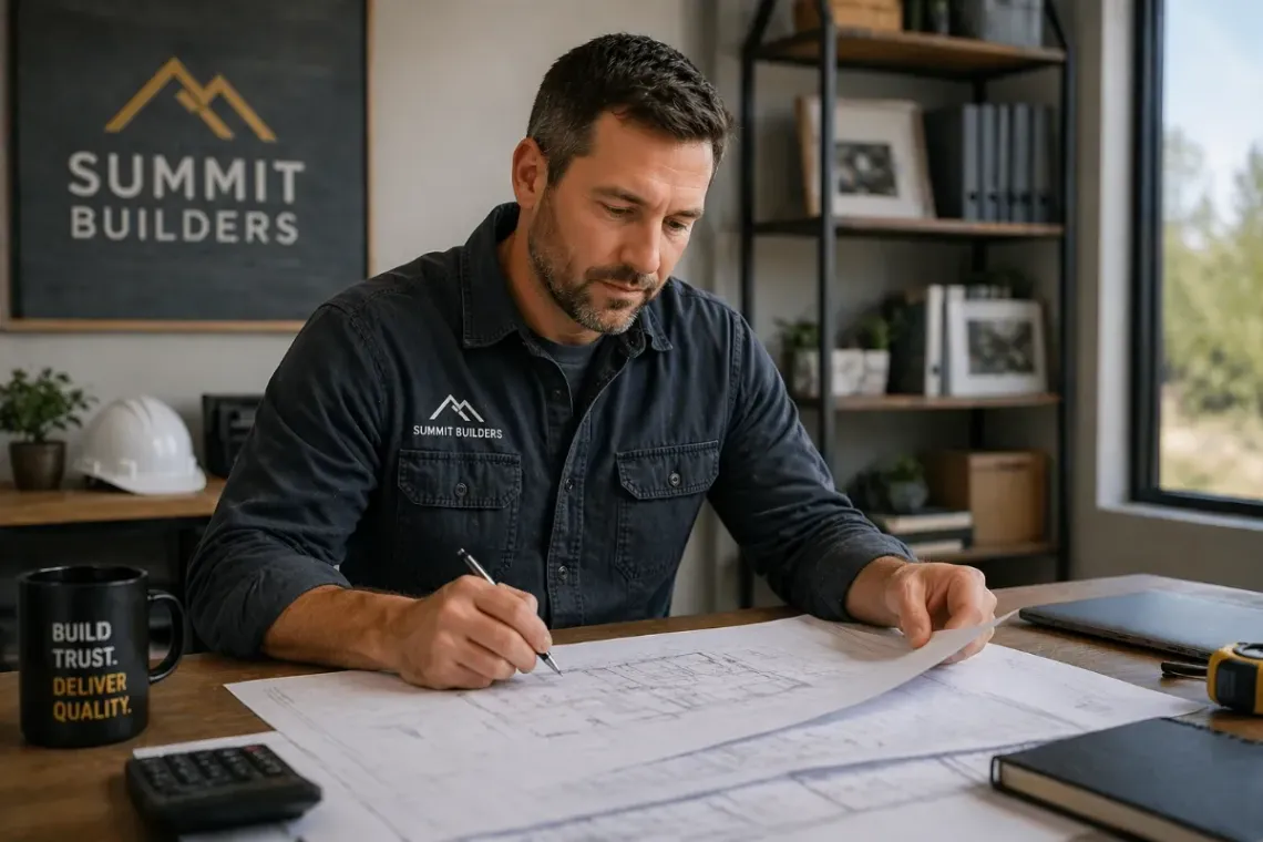 Contractor in a black shirt drafting plans at a desk in a home office with Summit Builders branding