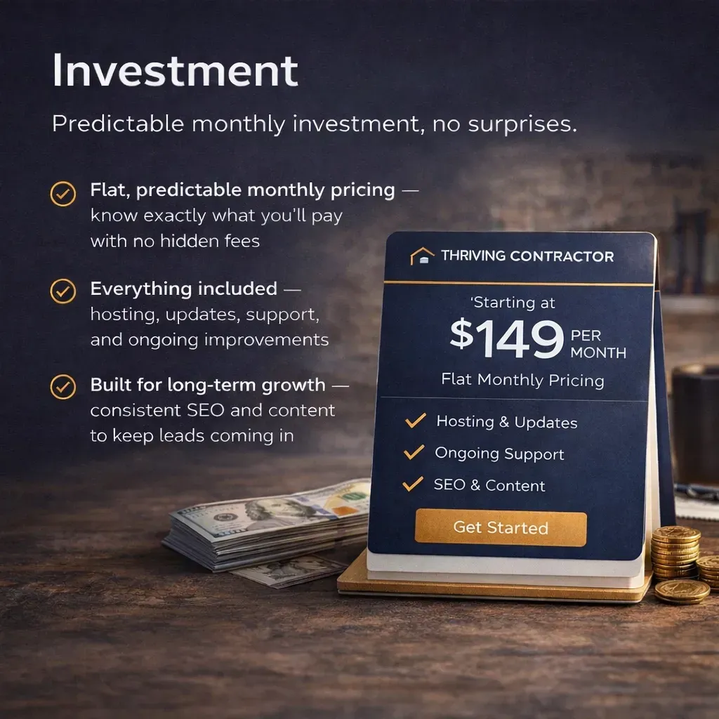 Dark investment ad showing a $149 monthly contractor pricing sign on a wooden table with cash and checklist icons