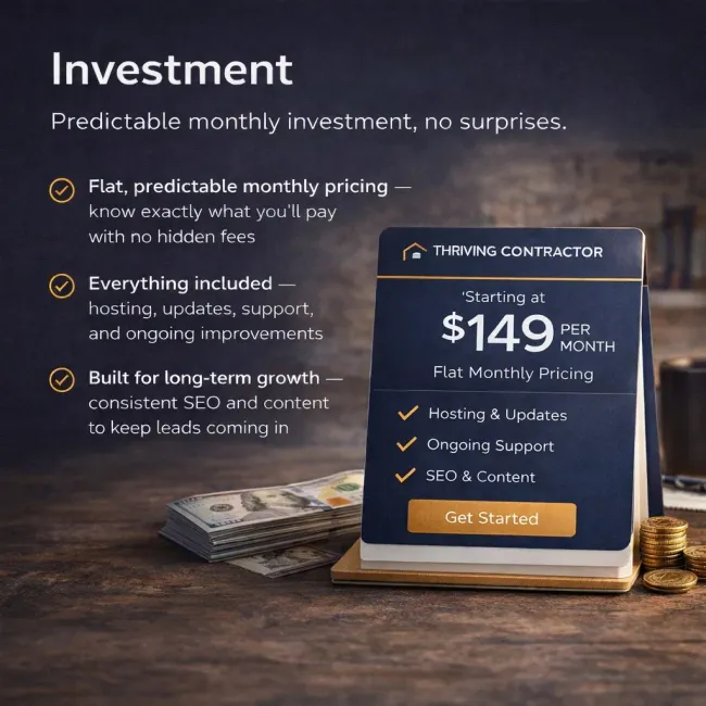 Dark investment ad showing a $149 monthly contractor pricing sign on a wooden table with cash and checklist icons
