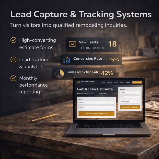 Lead capture and tracking system promo on a laptop, with analytics stats over a rustic desk.