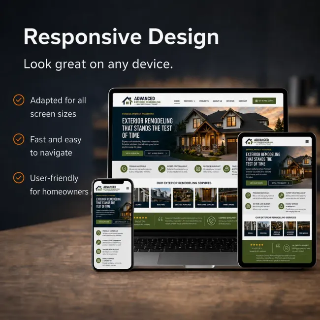 Responsive design promo showing website on laptop and phone with feature checklist on dark background