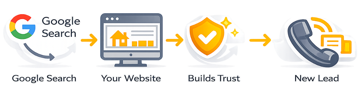 Google search to website to bullseye trust to new lead infographic with orange arrows and icons
