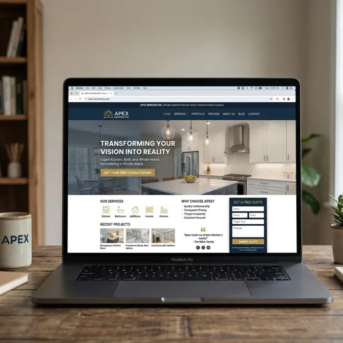 Laptop on a wooden desk displaying a home renovation website in a bright office setting