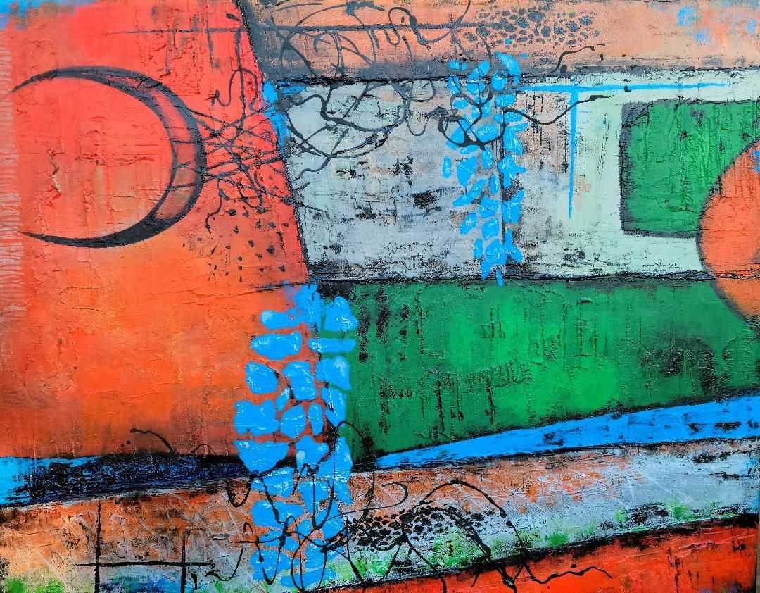 An abstract painting with geometric blocks of orange, green, blue, and gray, featuring a black crescent and scribbled lines.