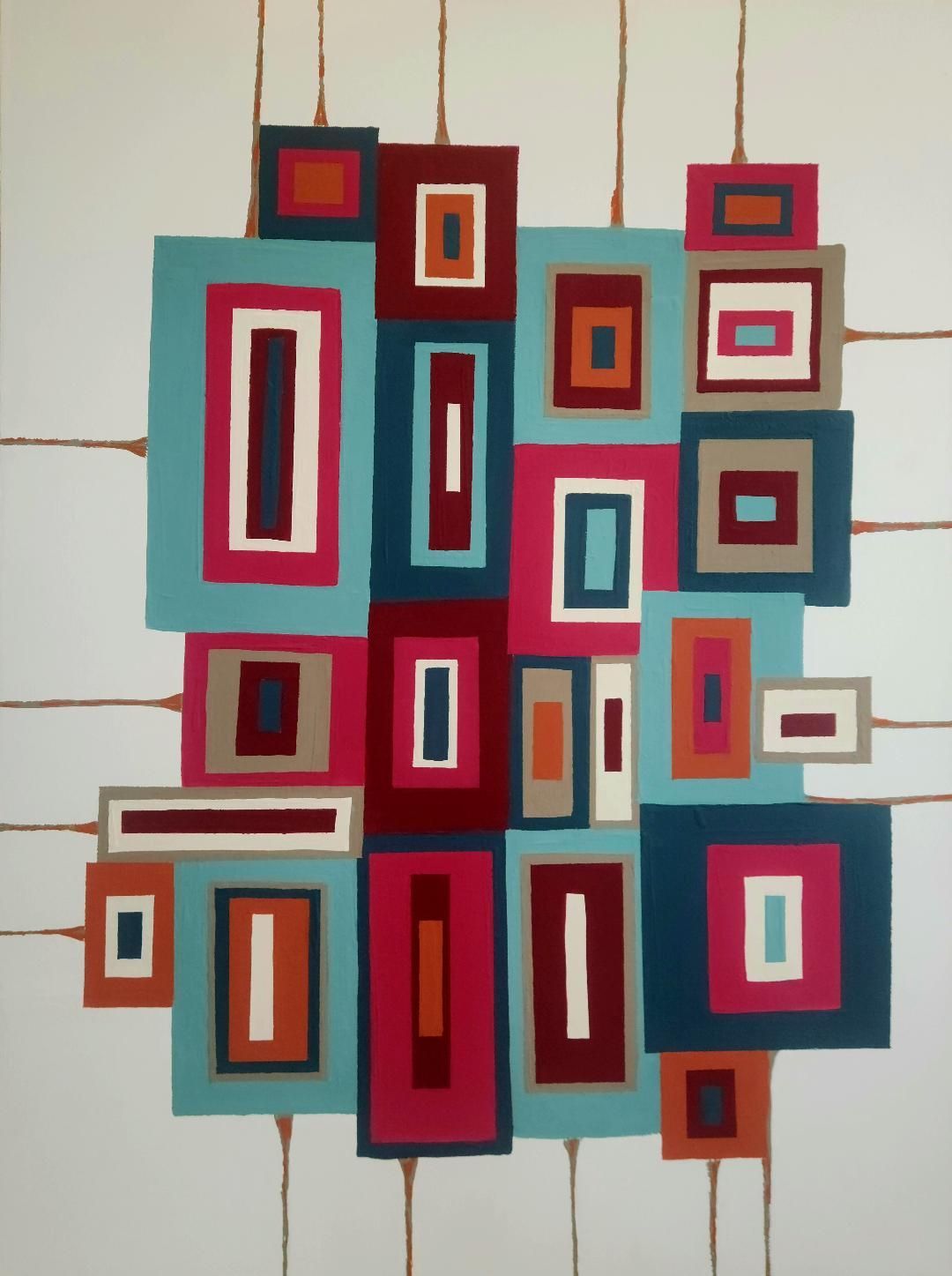 Abstract painting of colorful, nested geometric rectangles in shades of teal, red, and brown against a cream background.