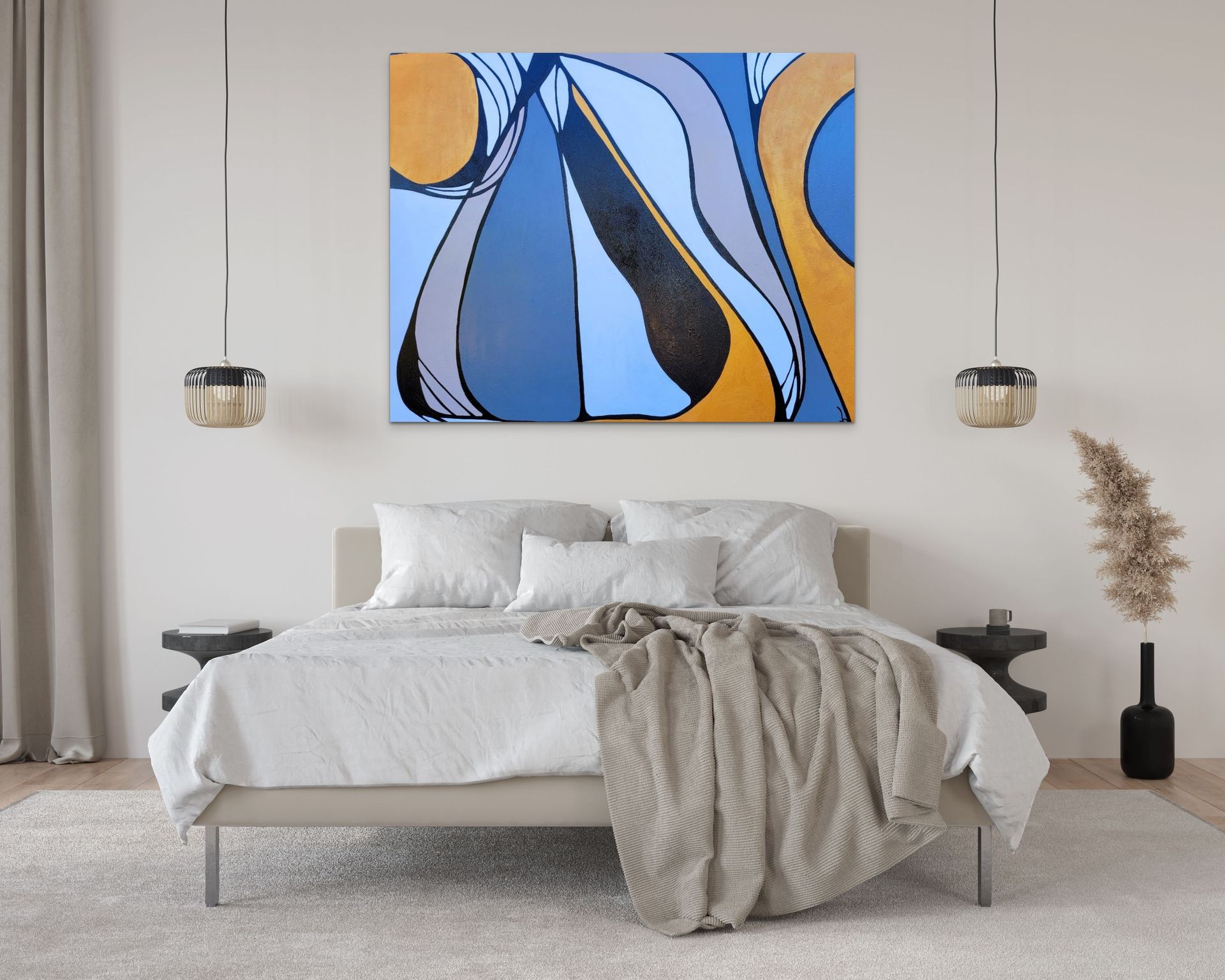 A modern bedroom with a beige bed and neutral decor features a large abstract painting with blue and gold shapes.