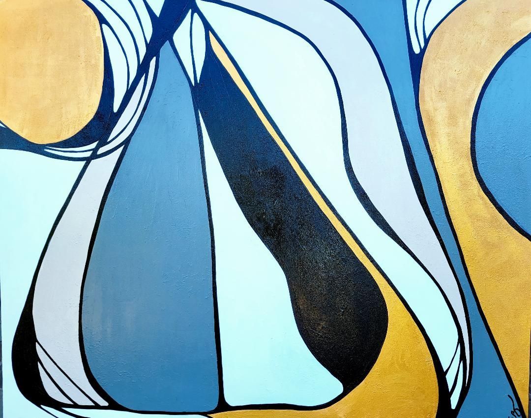 Abstract painting with flowing, curved shapes in shades of blue, pale light blue, and metallic gold with dark outlines.