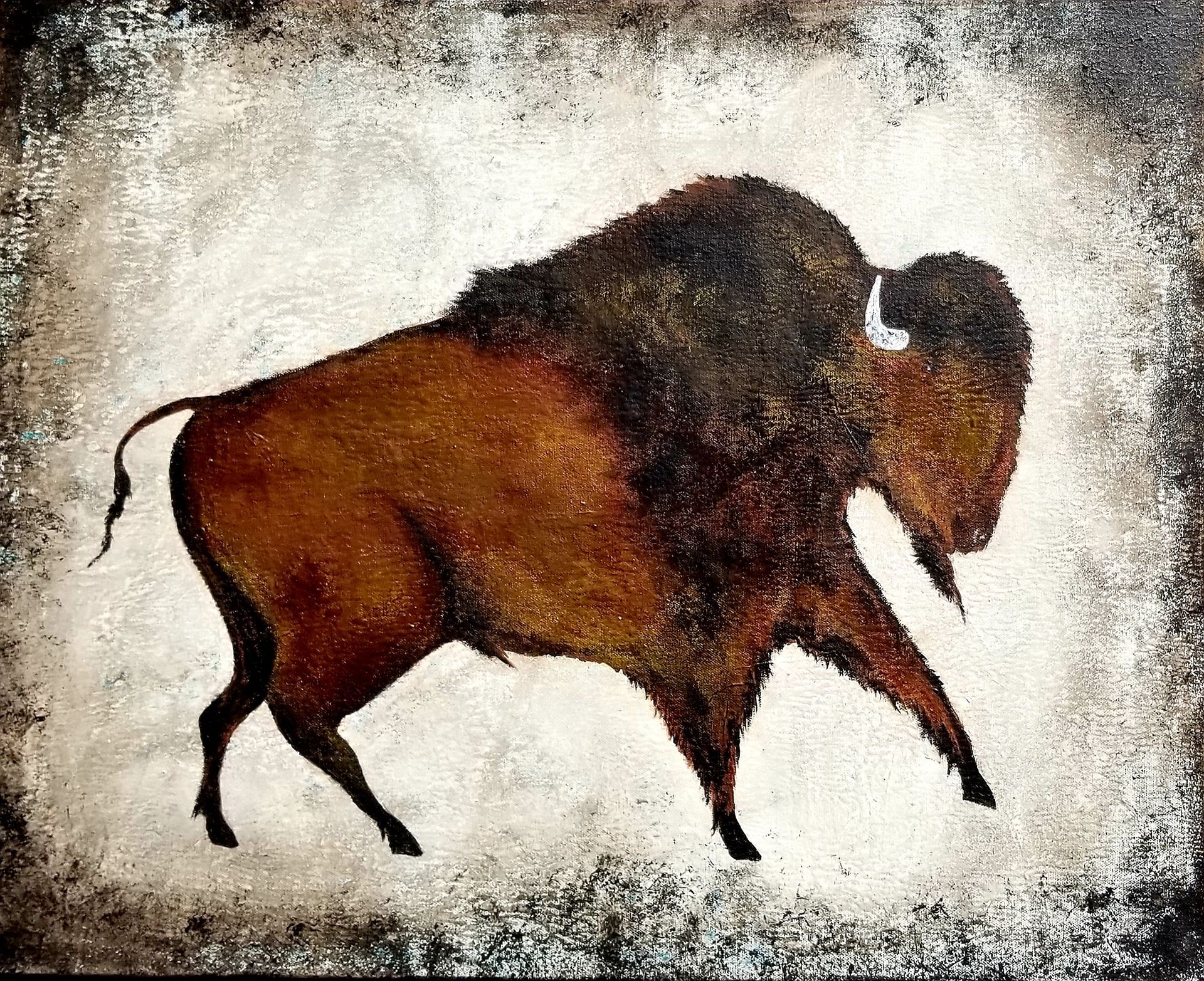 A textured, painted depiction of a dark brown bison walking against a distressed, light-colored background.