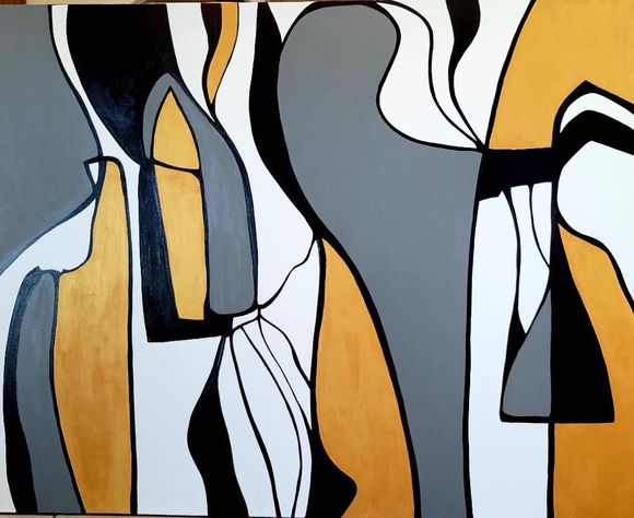 Abstract painting with fluid, interconnected black, white, gray, and gold shapes and bold, sweeping dark outlines.