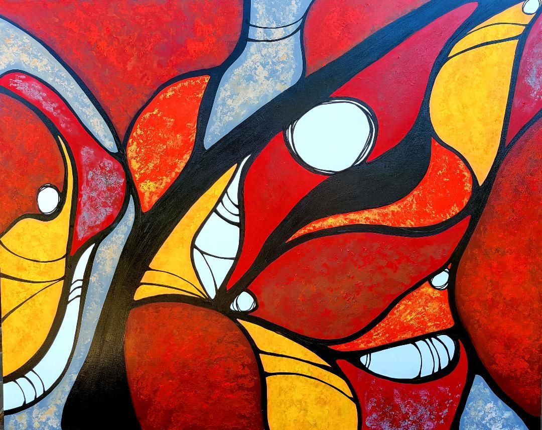 Abstract painting with flowing, organic shapes in vibrant shades of red, yellow, black, and light blue.