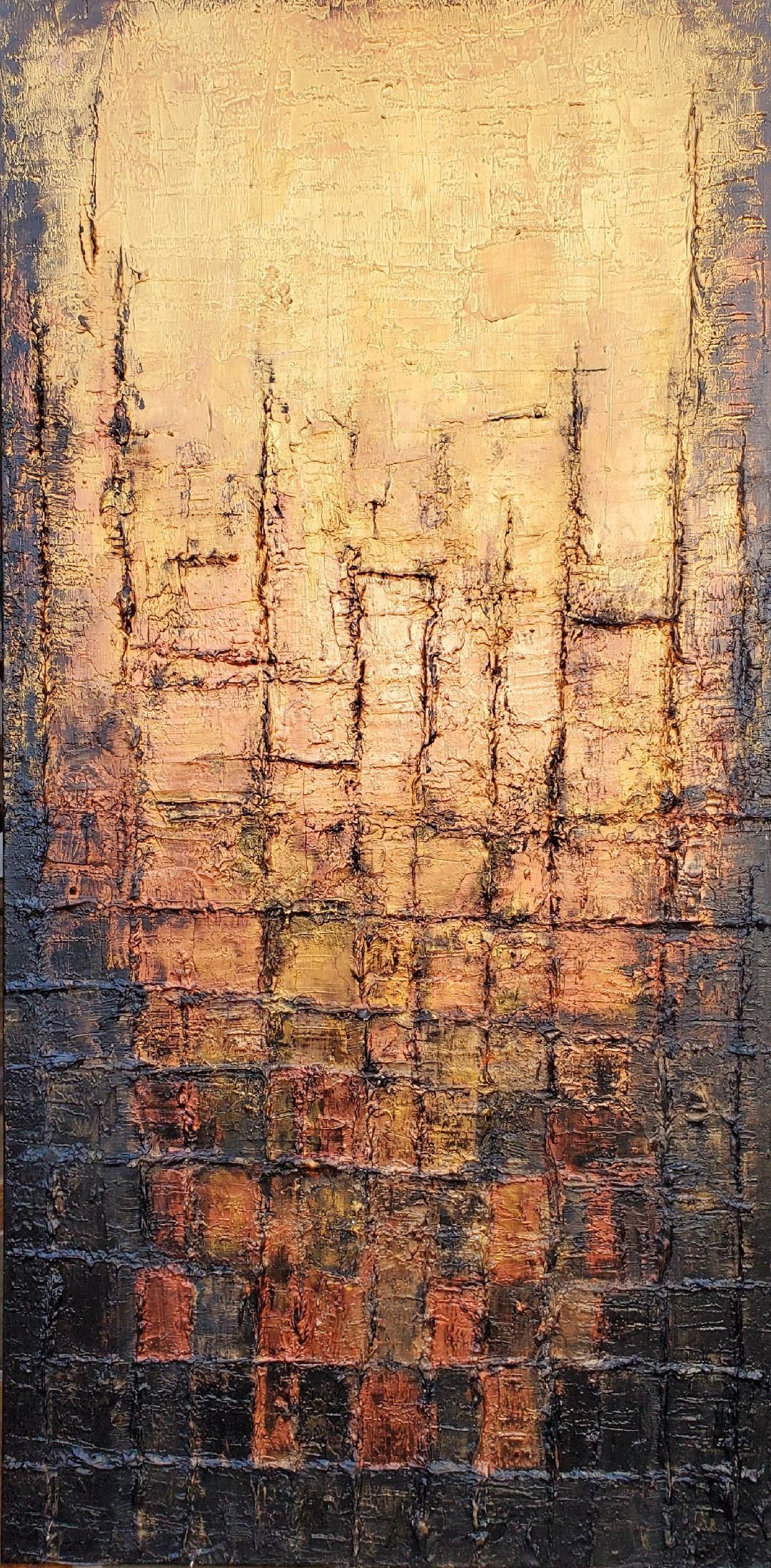An abstract painting with a grid pattern transitioning from dark brown and black at the bottom to a warm, glowing gold.
