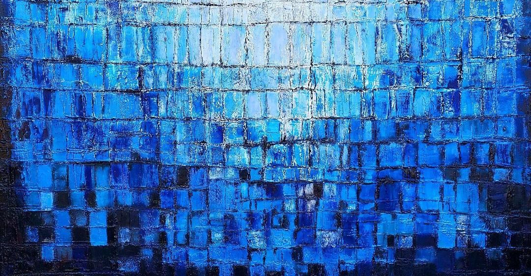 An abstract oil painting featuring a grid of textured blue rectangles varying from dark navy to bright cerulean.