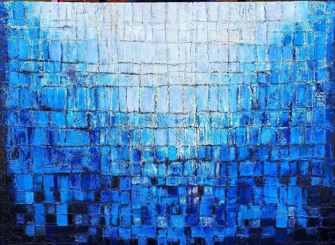 An abstract painting features a grid of blue and white textured squares, fading from light at the top to dark at the bottom.