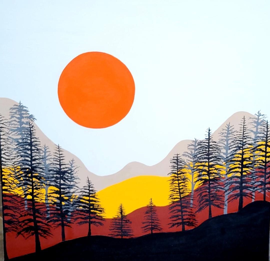 A flat-style illustration of a forest silhouette against layered hills of yellow and red, topped by a bright orange sun.