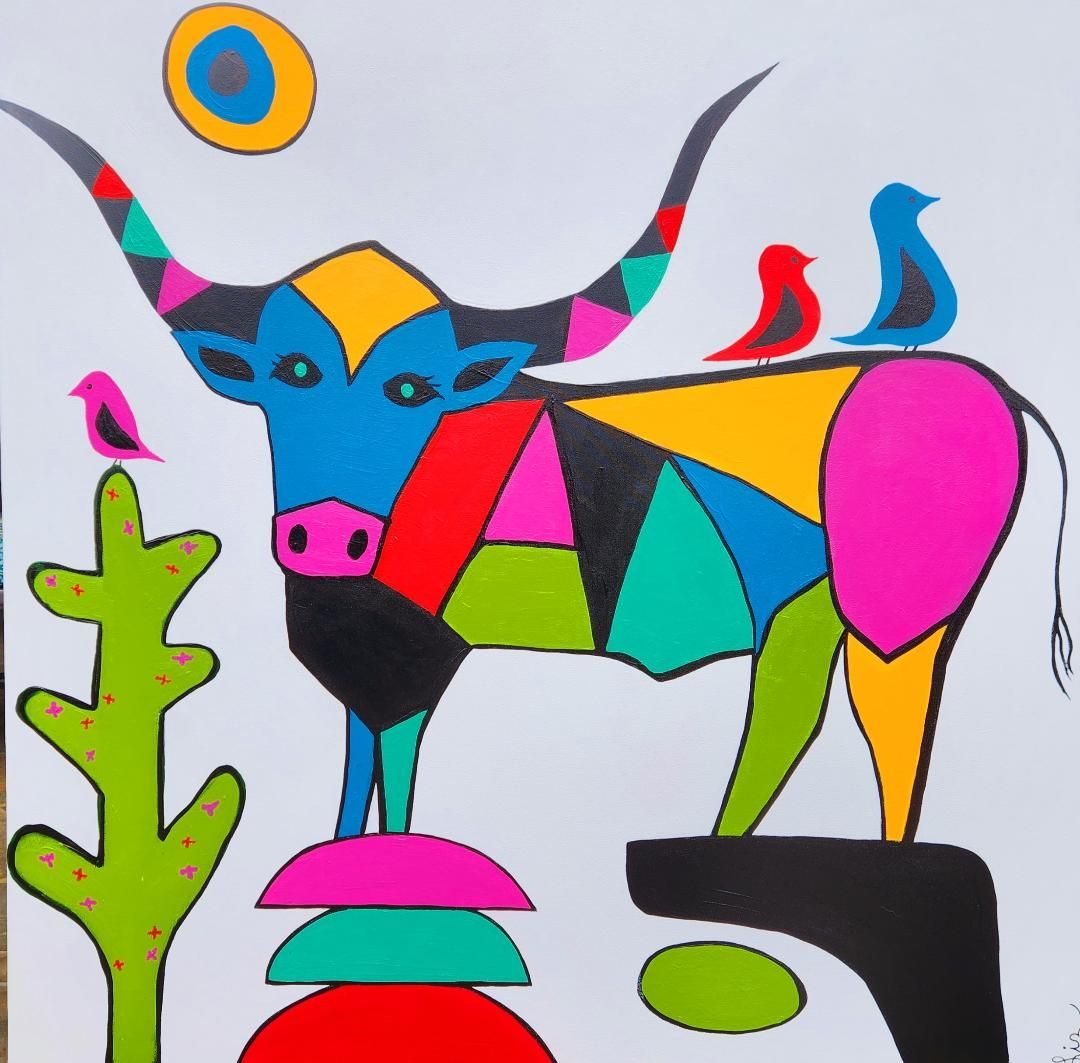 A colorful, geometric painting of a bull with patterned horns, standing by a cactus, two birds, and a bright circular sun.