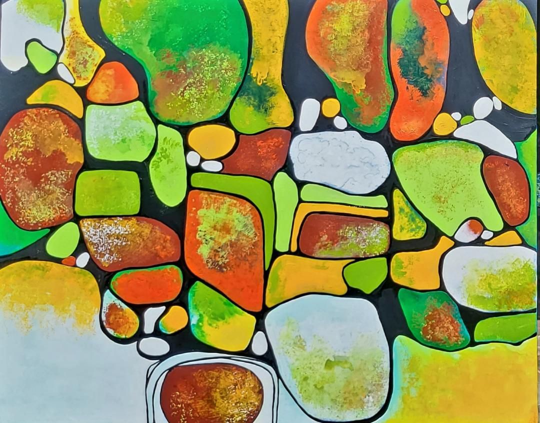 Abstract painting of irregular, rounded shapes in vibrant yellow, orange, green, and white, outlined against black.