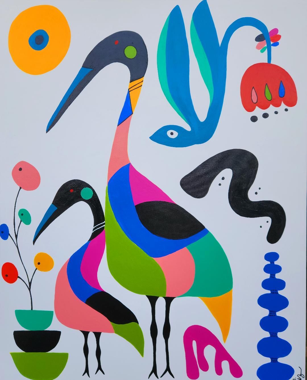 A vibrant, stylized painting of two colorful birds, a flower, a sun, and abstract shapes on a light grey background.