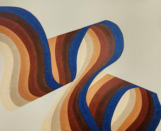 An abstract painting featuring a flowing, ribbon-like form with parallel stripes in shades of blue, brown, tan, and cream.