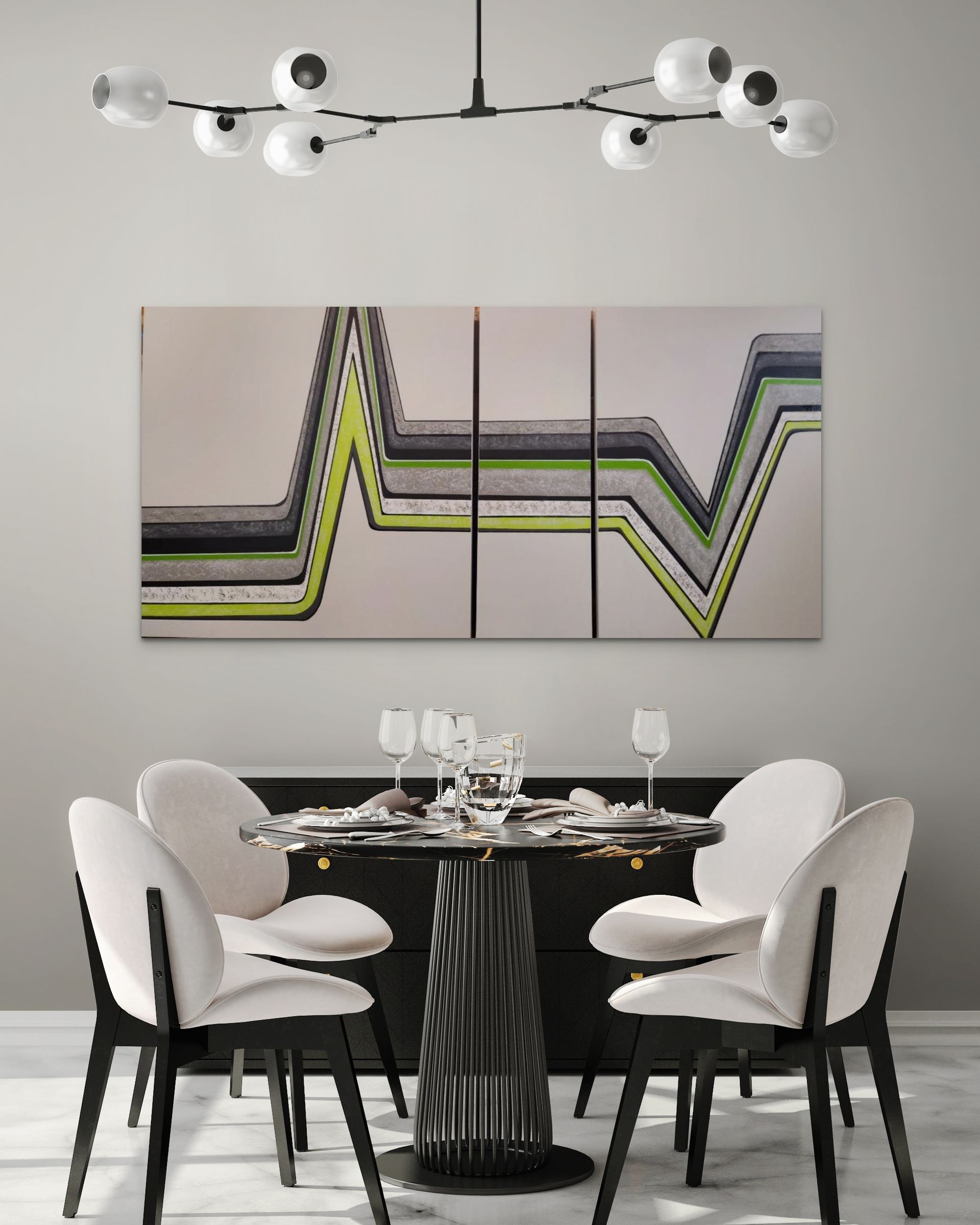 A modern dining set with four cream-colored chairs around a round black table, featuring abstract wall art and a lamp.