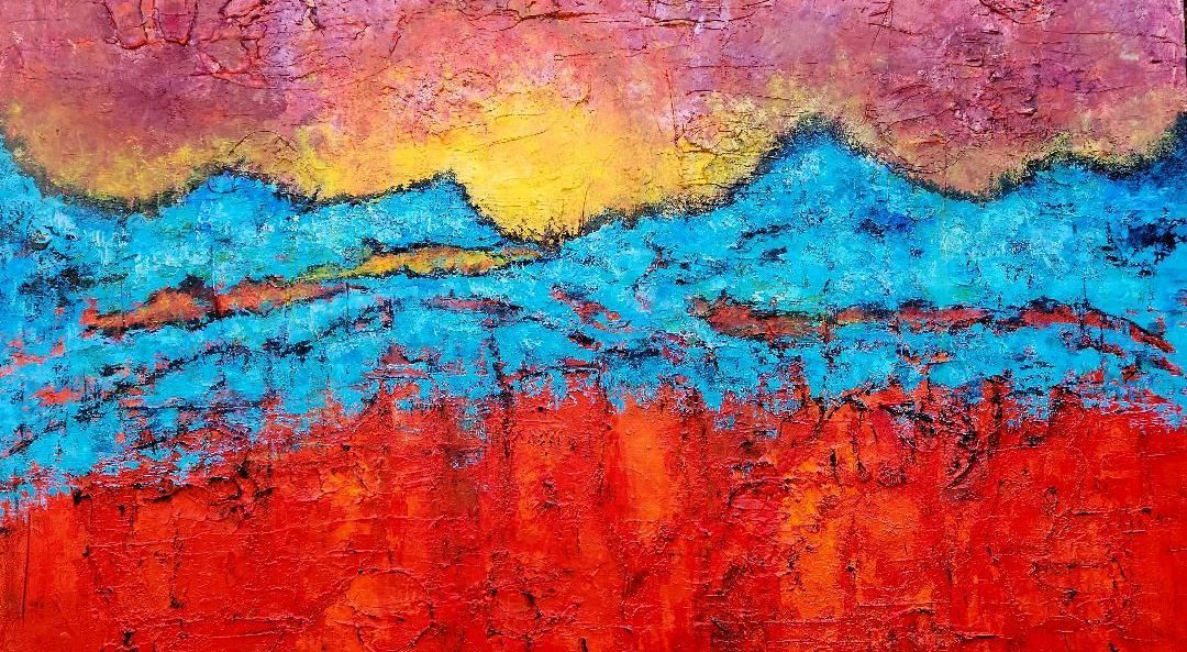 Abstract painting with a vibrant red landscape, bright blue hills, and a yellow sun glowing in a dark purple sky.
