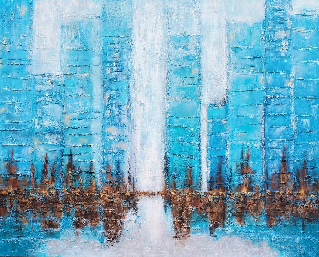 Abstract painting of a city skyline with blue vertical rectangular buildings reflecting in water, textured impasto style.