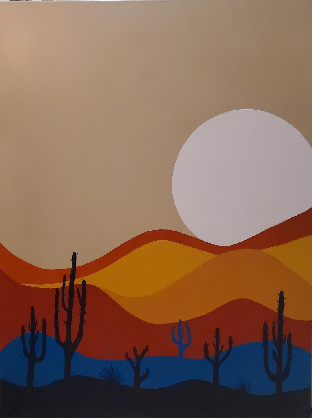 A stylized desert landscape with layered colored hills, a large pale sun, and black silhouettes of cacti against a sky.
