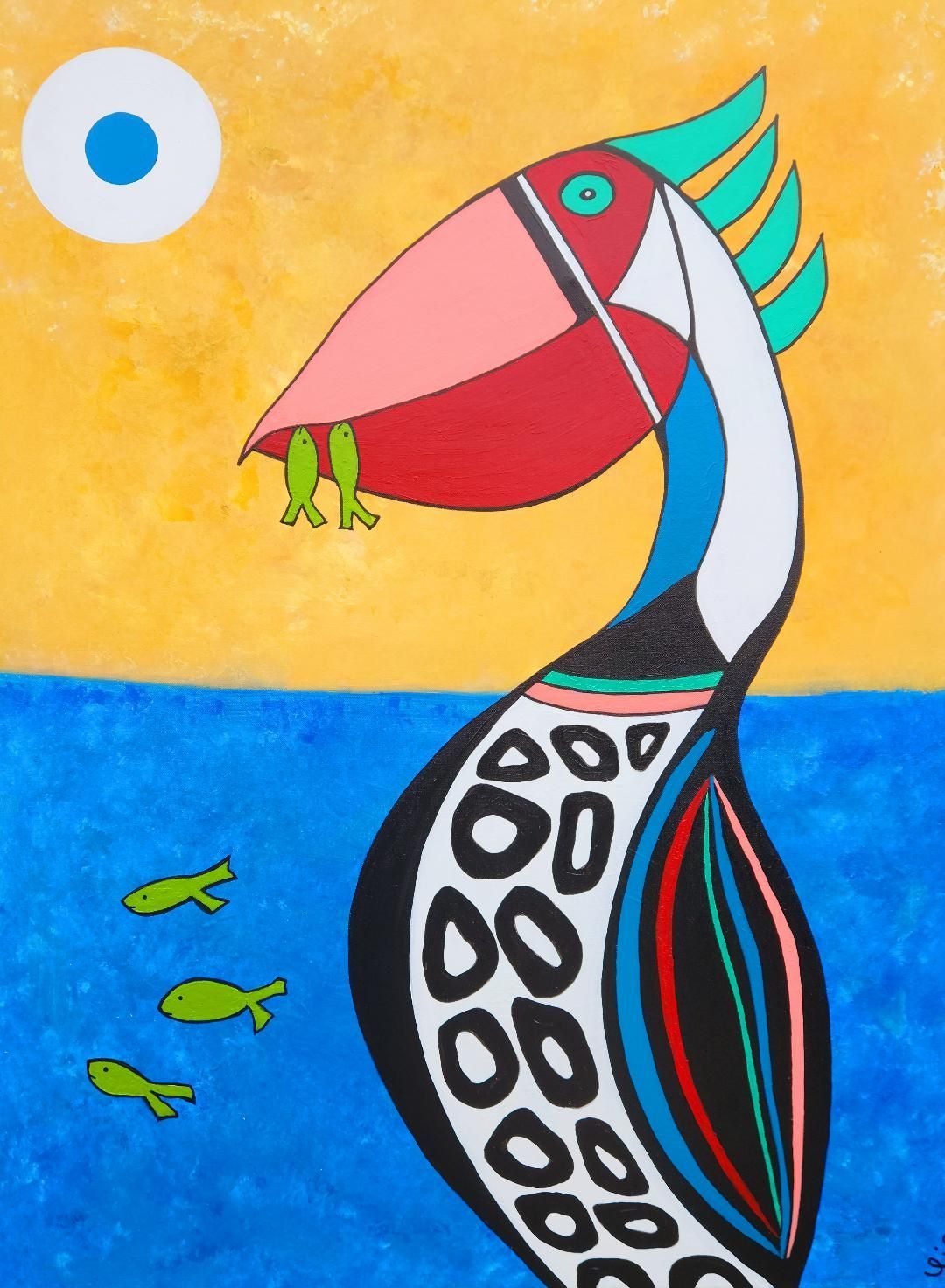 A stylized, colorful bird with a large beak catches two fish against a yellow sky and blue water with three more fish.
