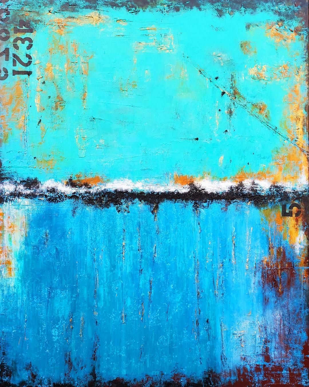 Abstract painting with a bright turquoise top and deep blue bottom, separated by a textured, dark, uneven horizon line.