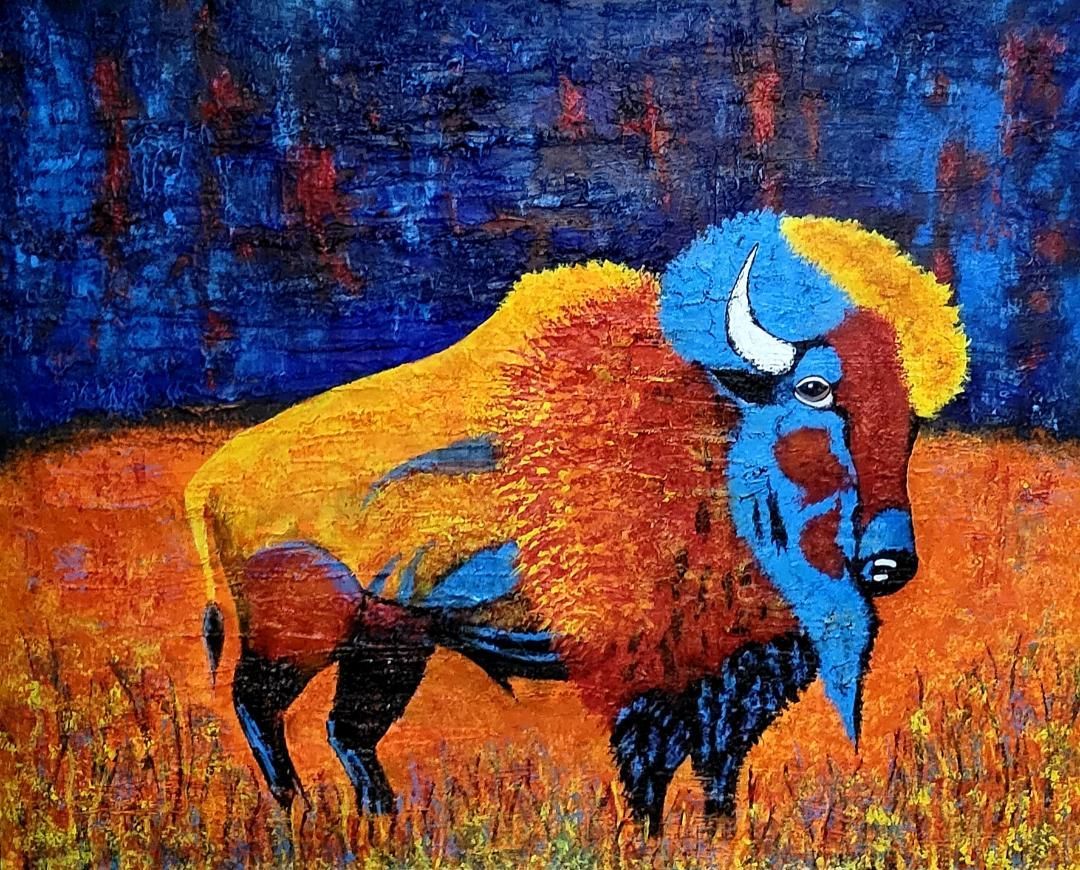 A textured, impressionistic painting of a bison with bold blue, yellow, and red fur standing in a golden landscape.
