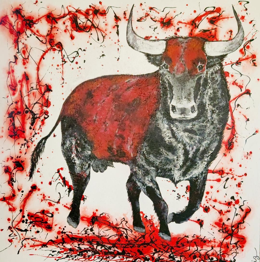 A black bull with a red patch on its flank, surrounded by expressive, splattered red and black ink marks.