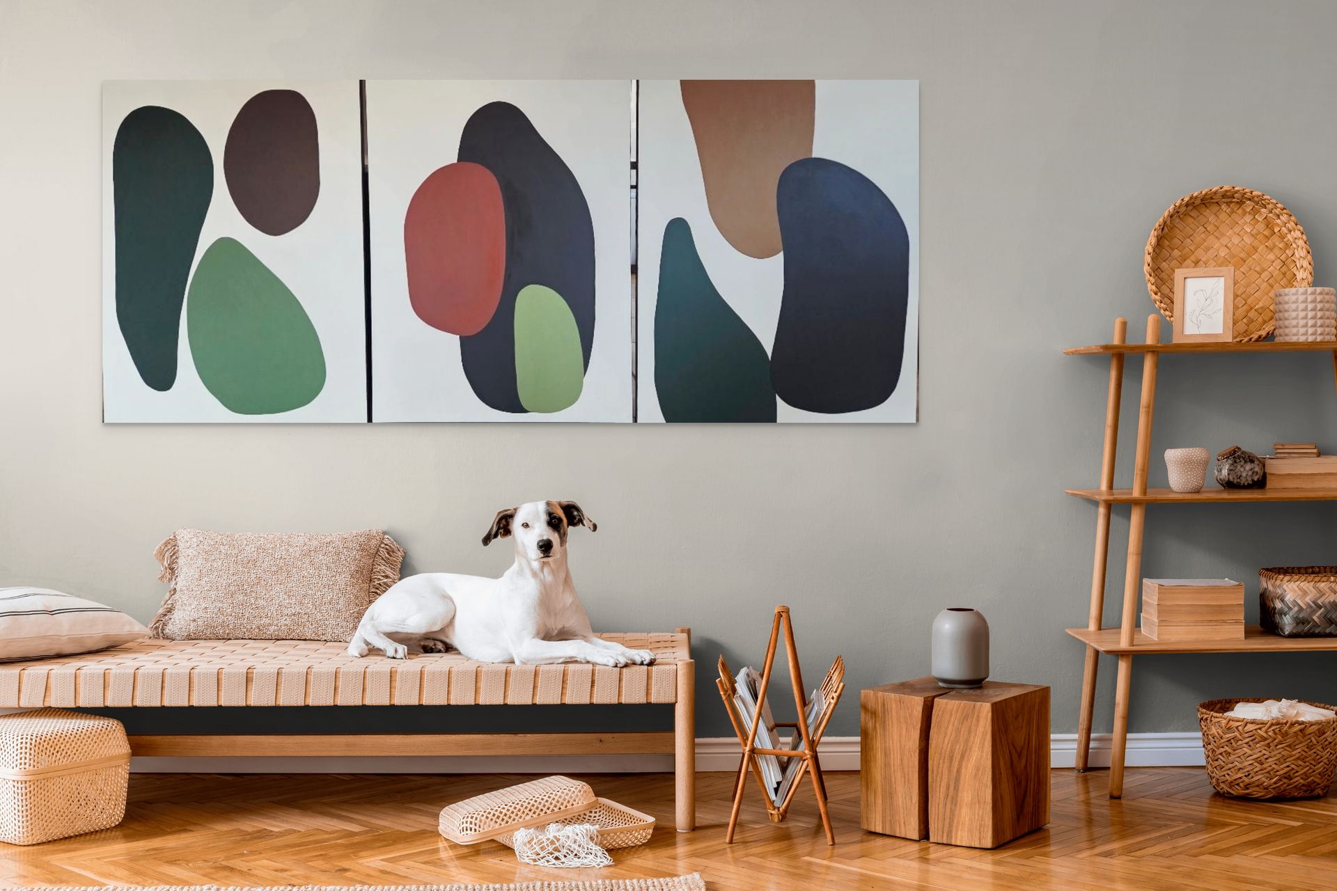 Modern neutral living room with cream sofas, a wooden coffee table, and abstract wall art