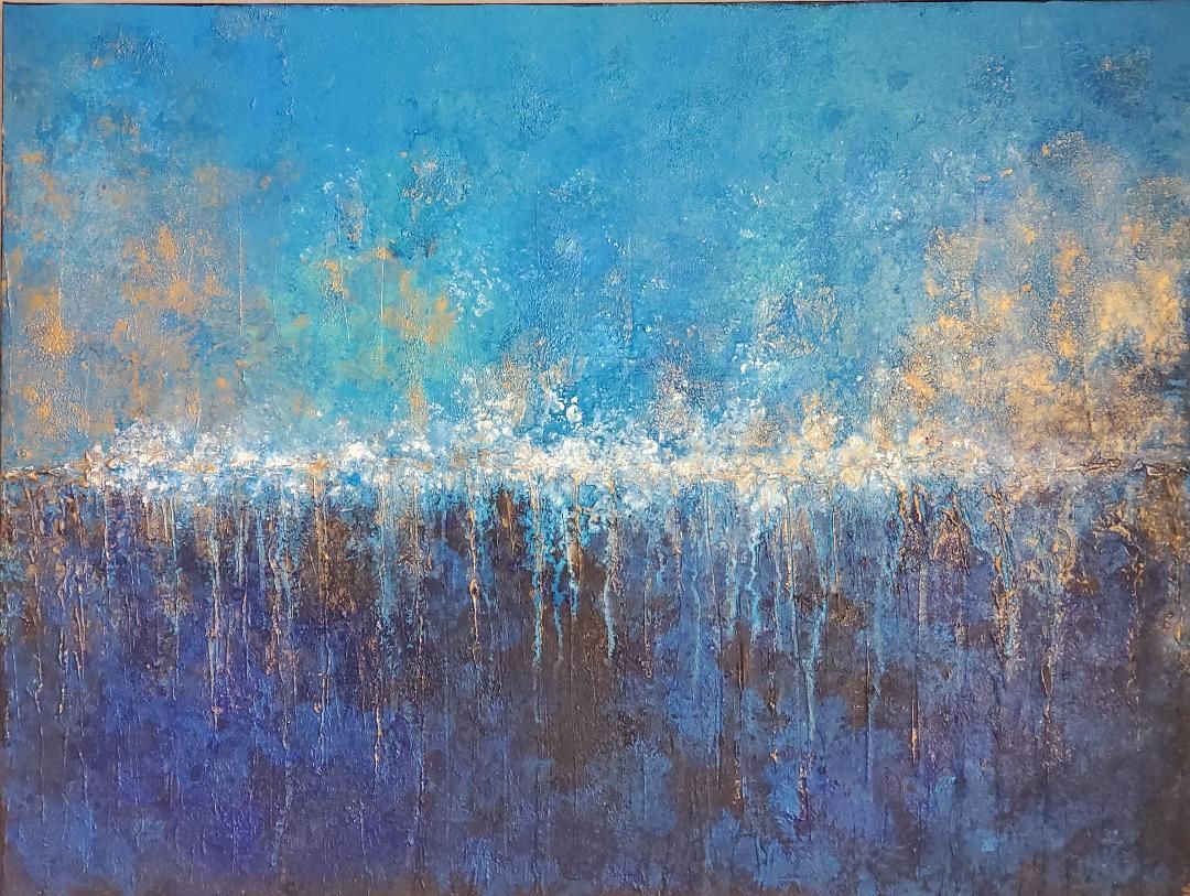Abstract painting with a bright, luminous horizontal line dividing a vibrant blue sky from a dark, textured landscape.