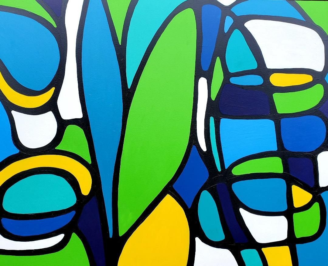 Abstract painting featuring thick black outlines separating organic, intersecting shapes in blue, green, yellow, and white.