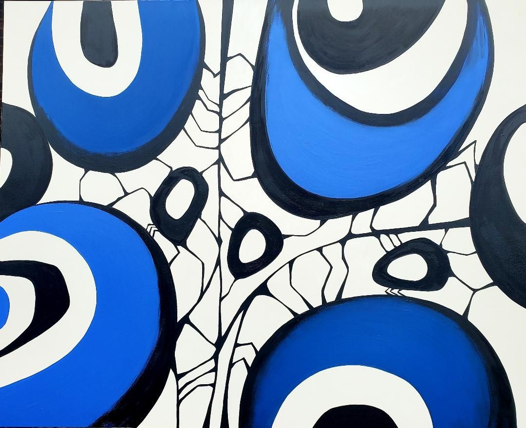 Abstract painting with large blue and black circular motifs and web-like black lines on a white background.