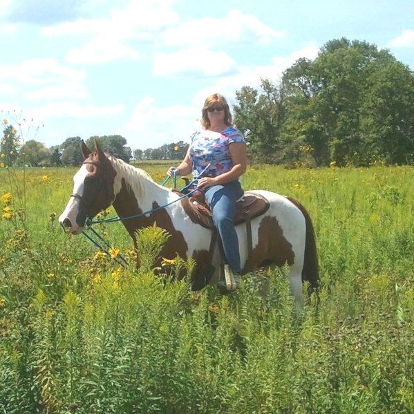 A person sits on a brown and white pinto horse, riding through a tall, grassy field under a bright, cloudy sky.