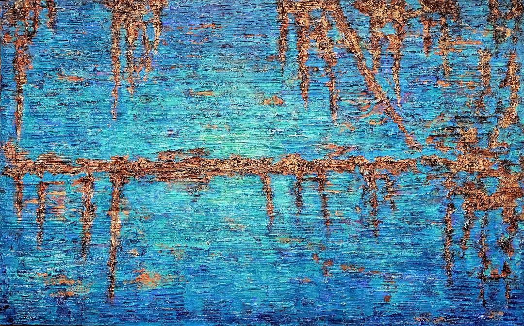 Abstract oil painting with textured, horizontal and vertical bronze-gold streaks over a vibrant, deep blue background.