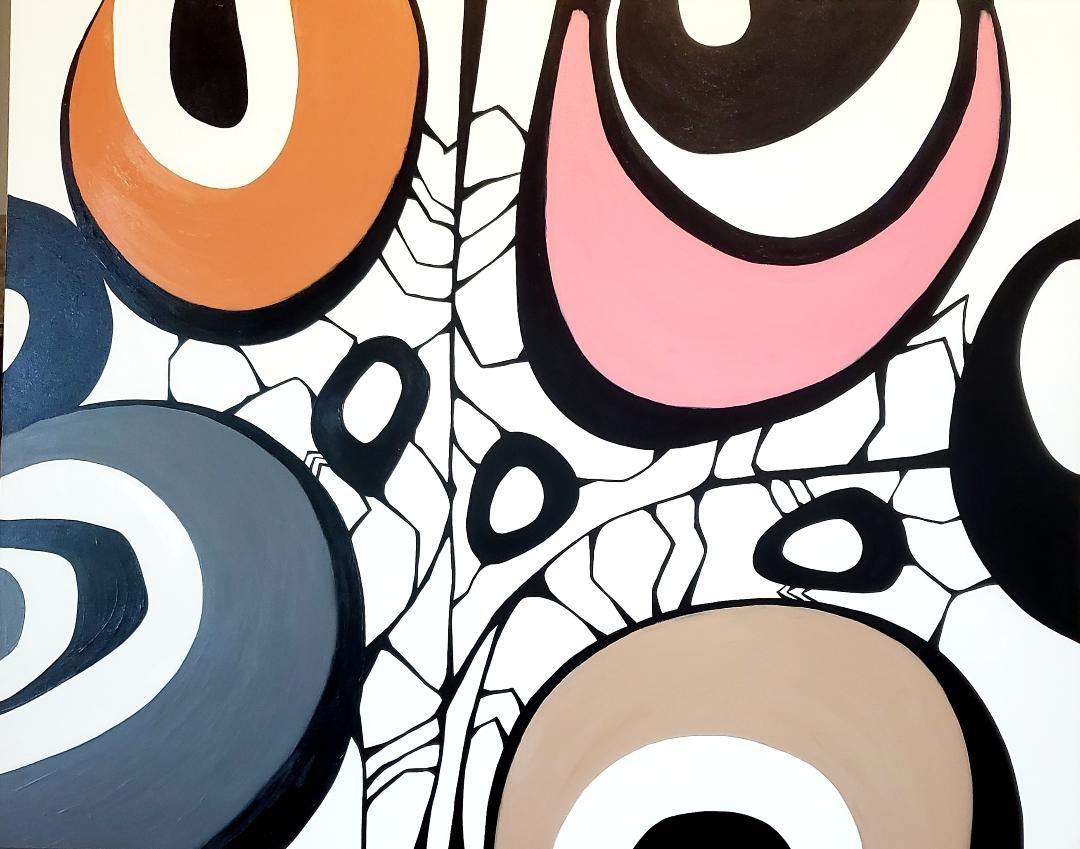 Abstract painting with orange, pink, grey, and tan circular shapes and black outlines on a white cracked-glass background.