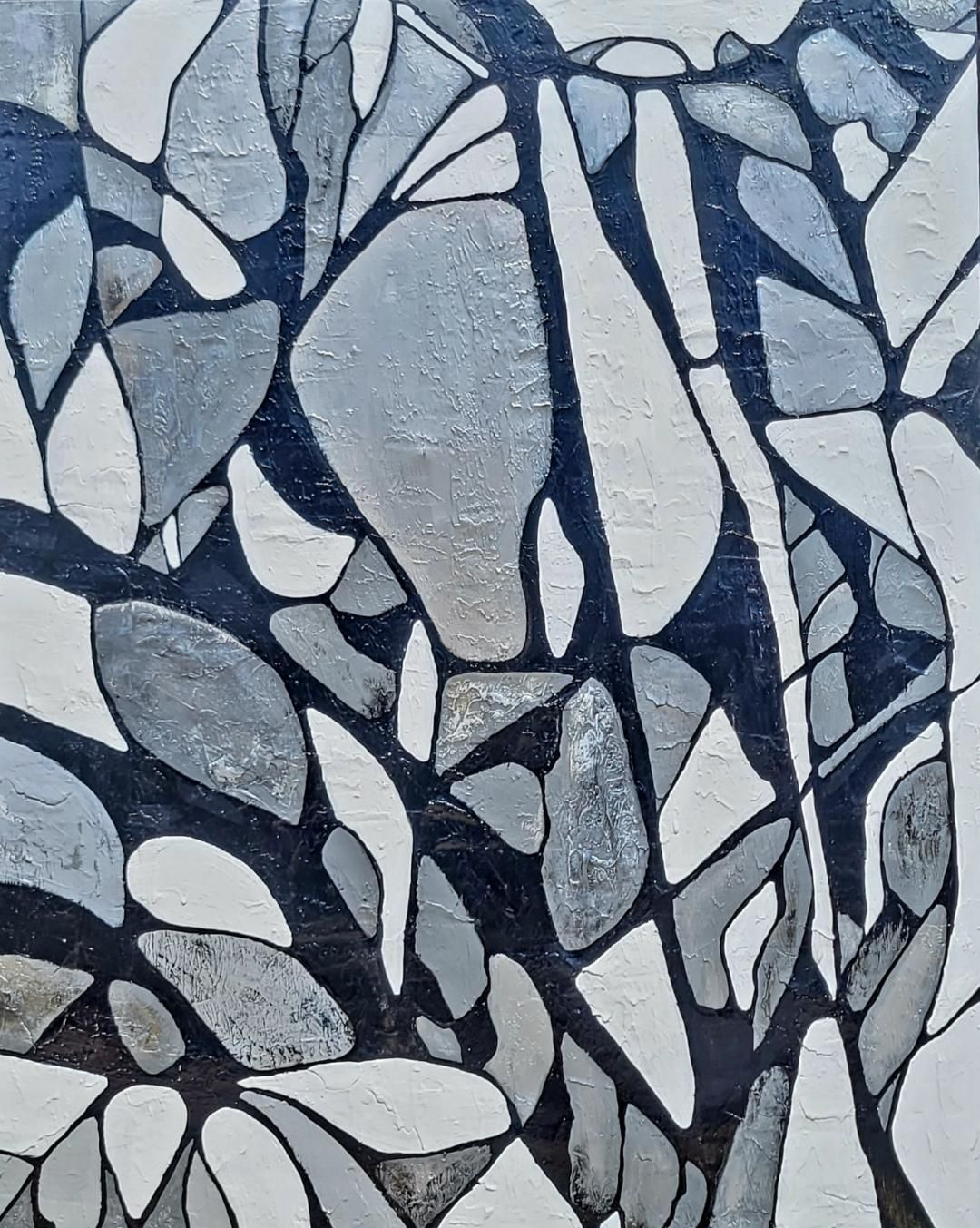 An abstract painting featuring organic, interlocking shapes in shades of white, gray, and black.