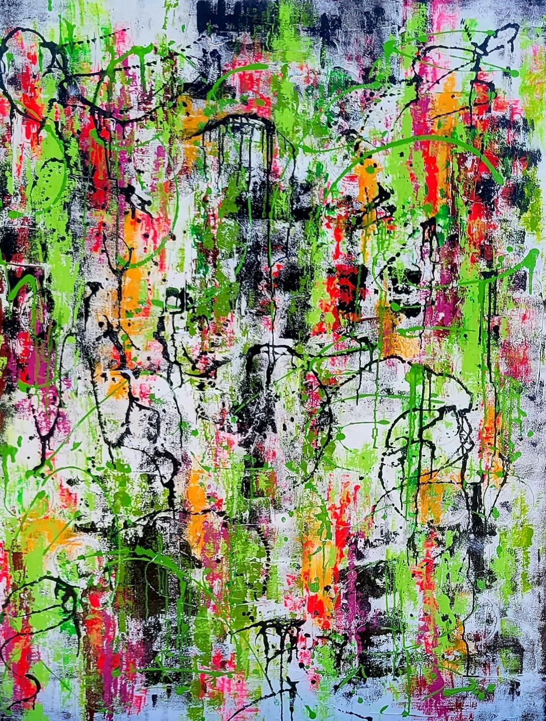 Abstract expressionist painting featuring vibrant splatters of lime green, hot pink, orange, and black on a white base.