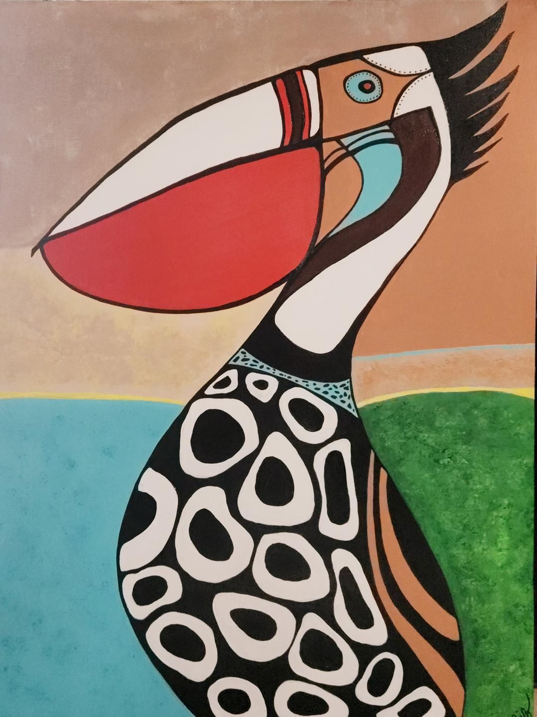 A stylized painting of a bird with a large red bill and black and white patterned body against a tri-colored background.