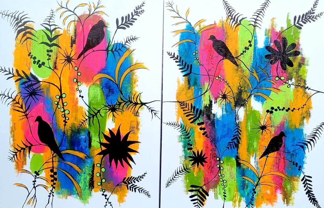 A diptych painting features colorful vertical abstract paint strokes overlaid with black silhouettes of birds and ferns.