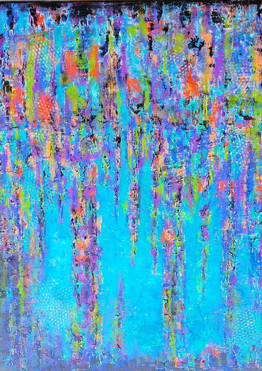 Abstract painting with vertical streaks of bright turquoise, purple, lime green, and orange dots on a textured canvas.