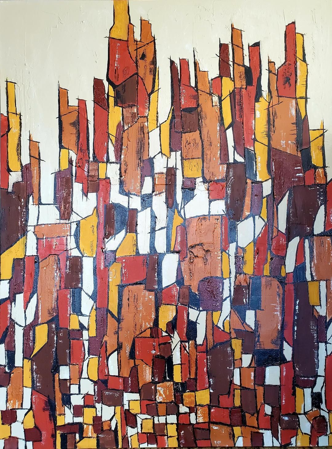 An abstract painting with a vertical, stacked composition of rectangular shapes in red, orange, yellow, and brown tones.