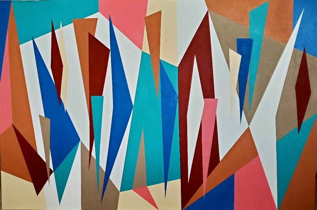 Abstract painting with sharp, overlapping geometric shapes in vibrant blue, red, pink, brown, and cream tones.