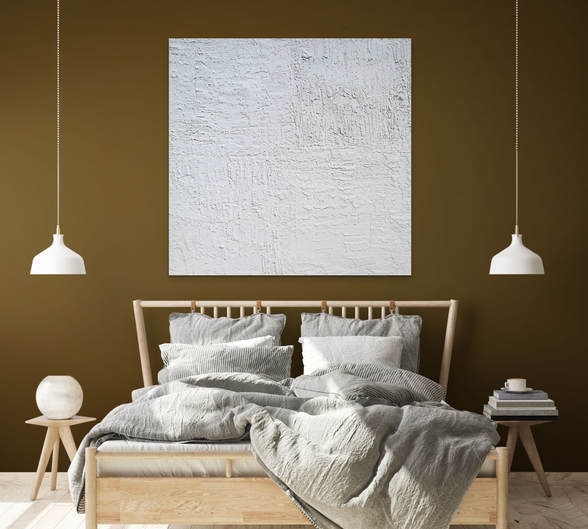 A textured white painting hangs on a concrete wall above a minimalist wooden side table, a tall mirror, and a potted plant.