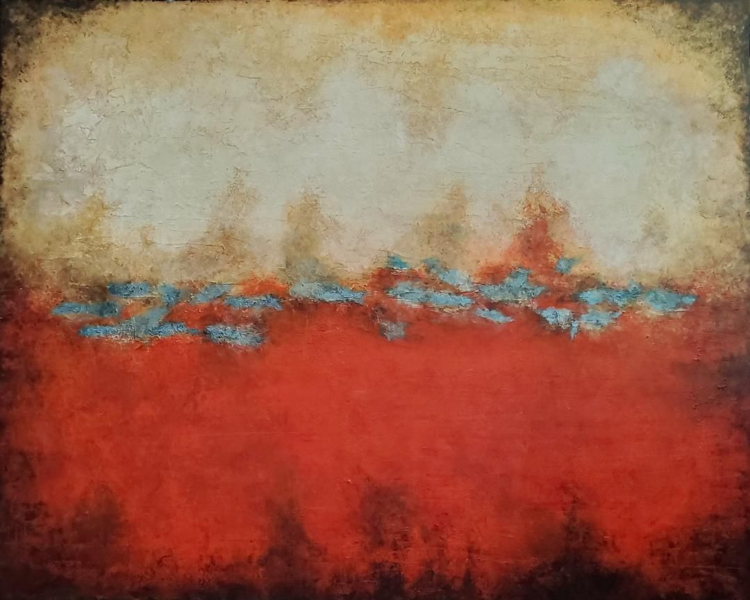 Abstract painting with a textured red base transitioning to a pale sky, separated by a line of small blue shapes.